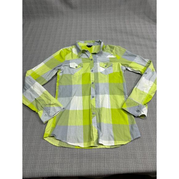 Fox Racing Shirt Womens XL Green Grey Plaid Button‎ Up Long Sleeve Lightweight - Picture 1 of 10